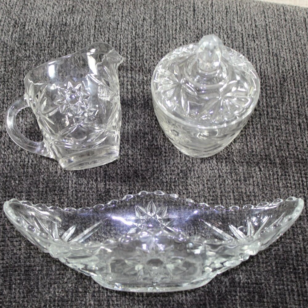 Vintage Anchor Hocking Clear Glass Sugar Bowl with Lid, Creamer and Relish Dish